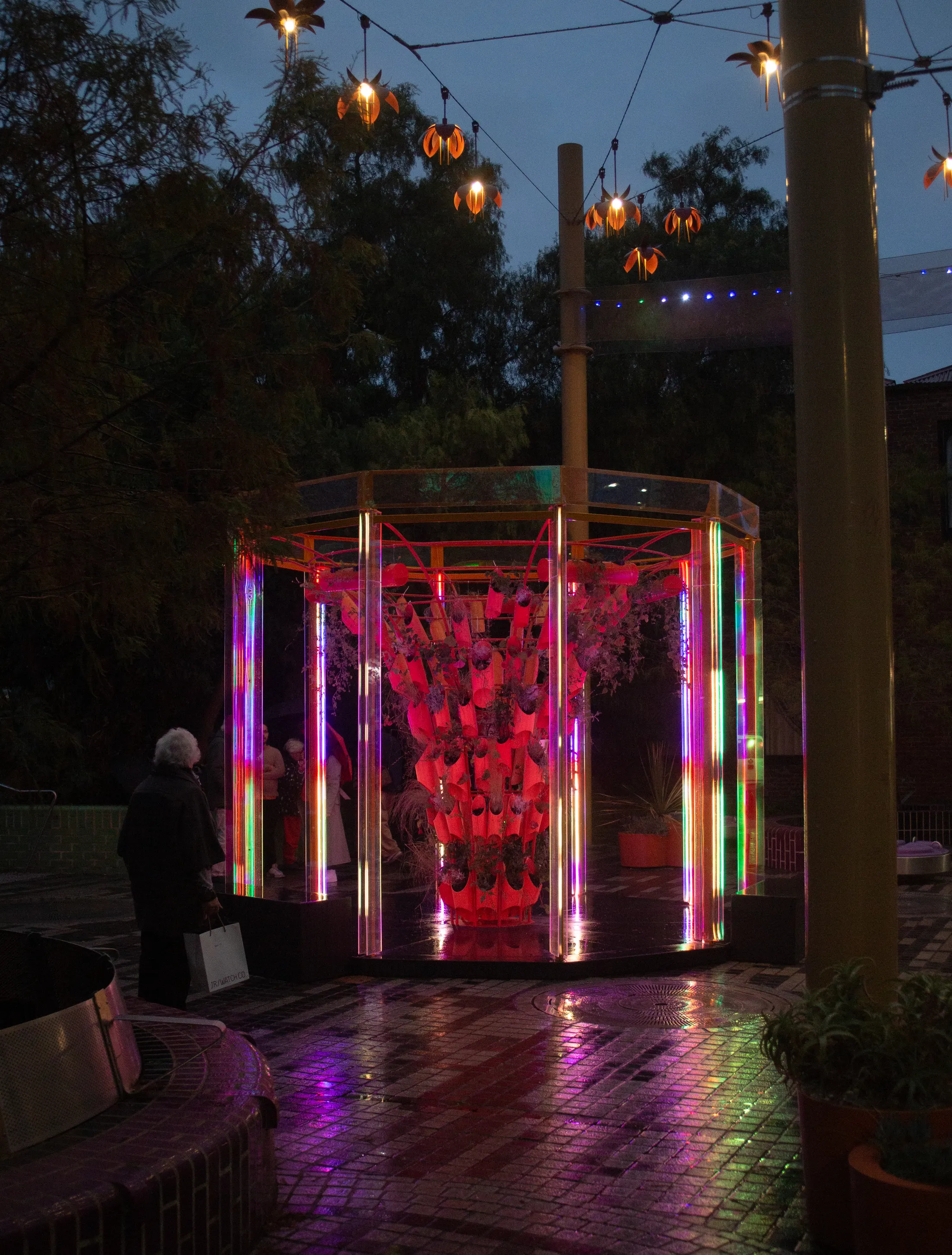 Red light glowing through the planted tower