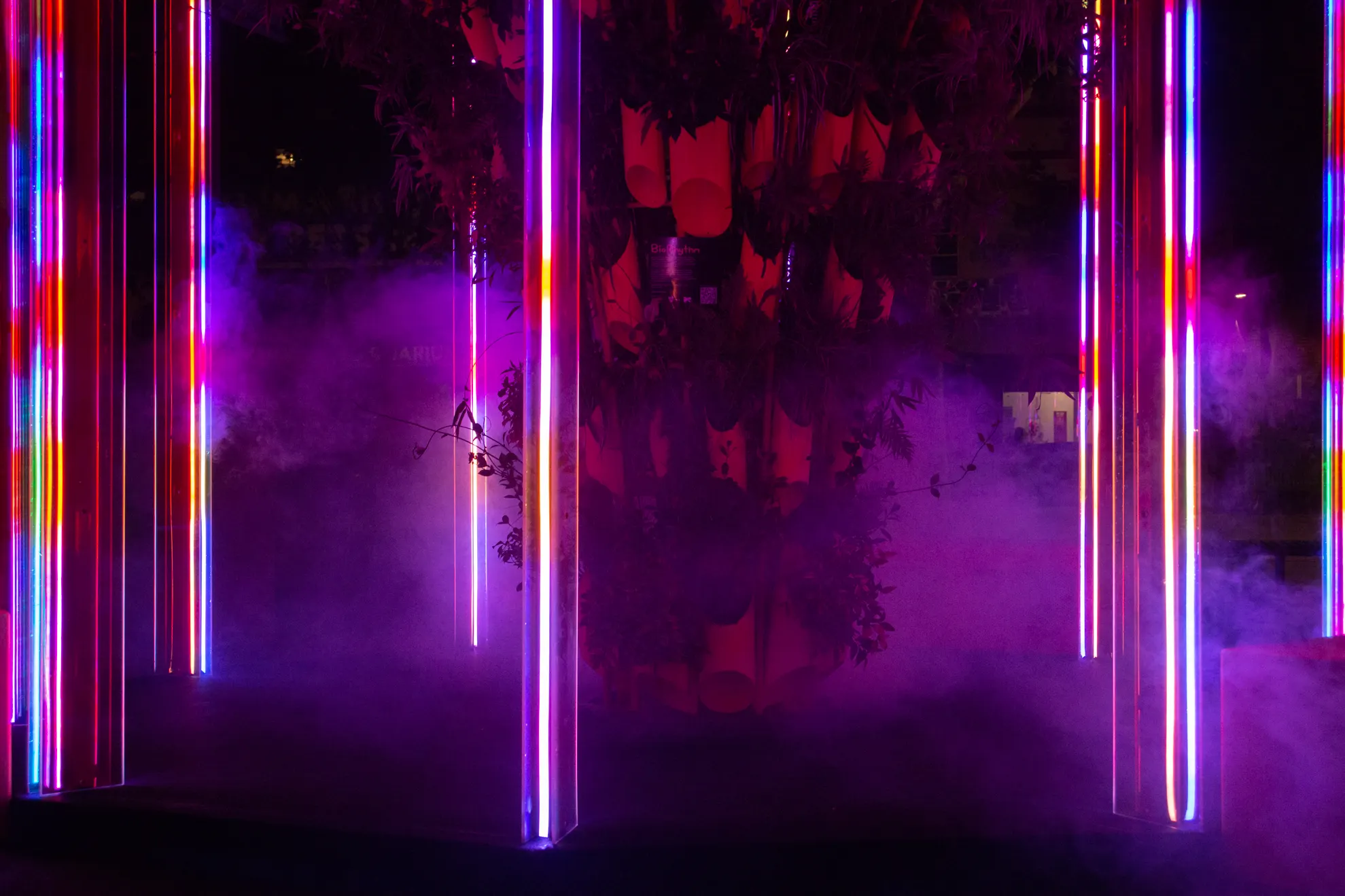 Haze drifting through the lit columns